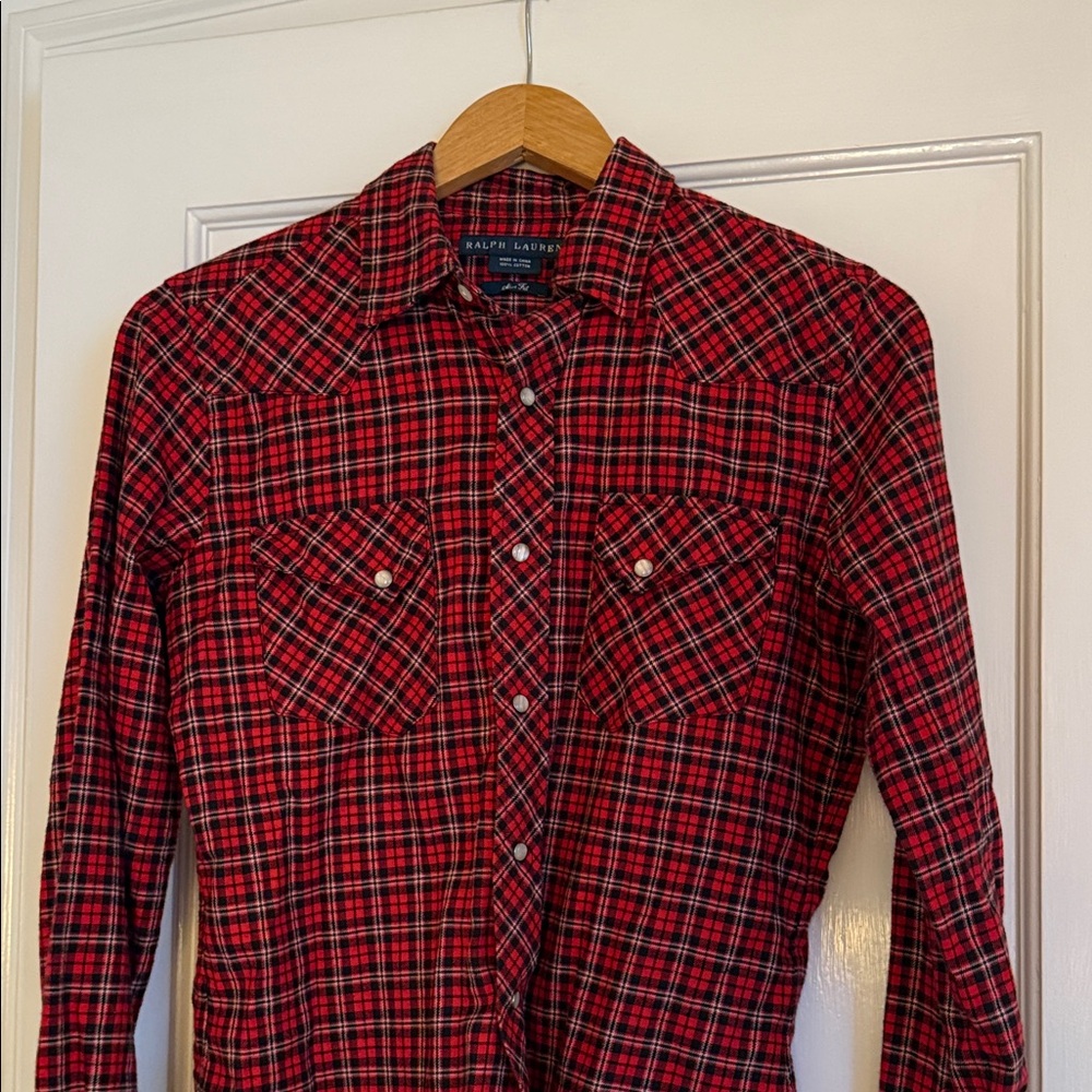 Classic Ralph Lauren Women's Red and Black Plaid Button Down Shirt